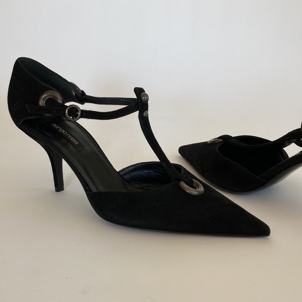 Sergio Rossi T-Strap, Blk Suede, French sz 41 / US equiv 9.5 **runs narrow**